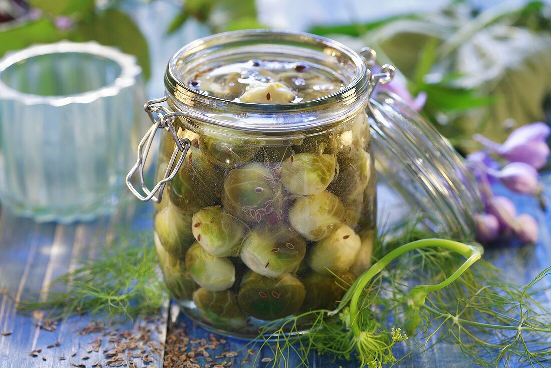 Brussels sprouts with dill in a preserving jar