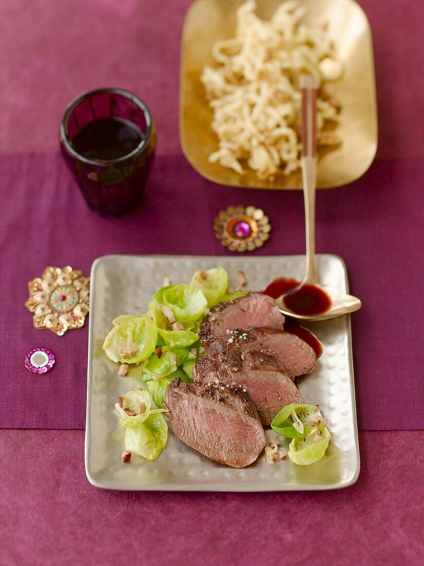 Venison fillets, Brussels sprouts, spaetzle & gingerbread sauce