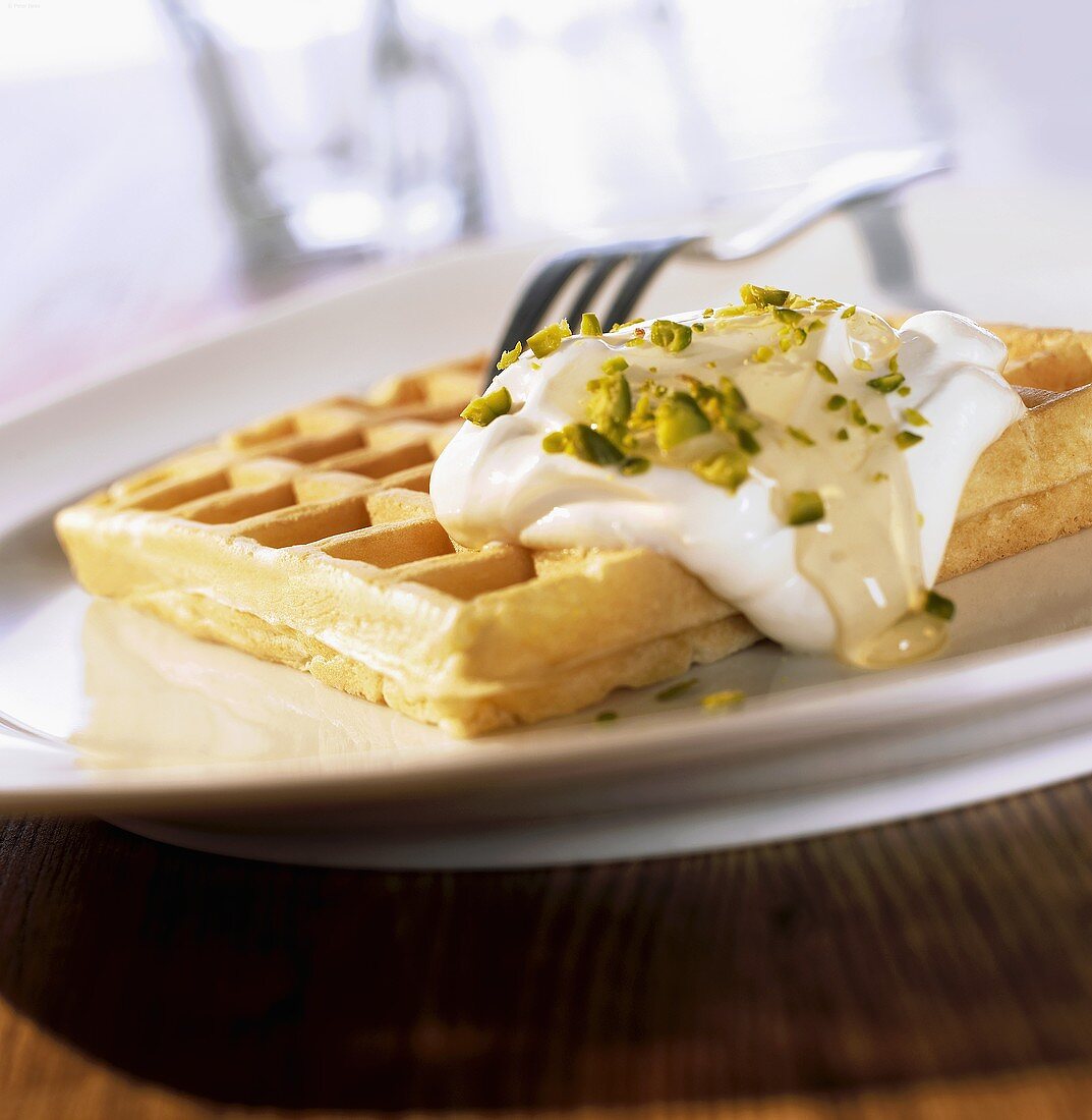 Waffles with soft cheese and honey