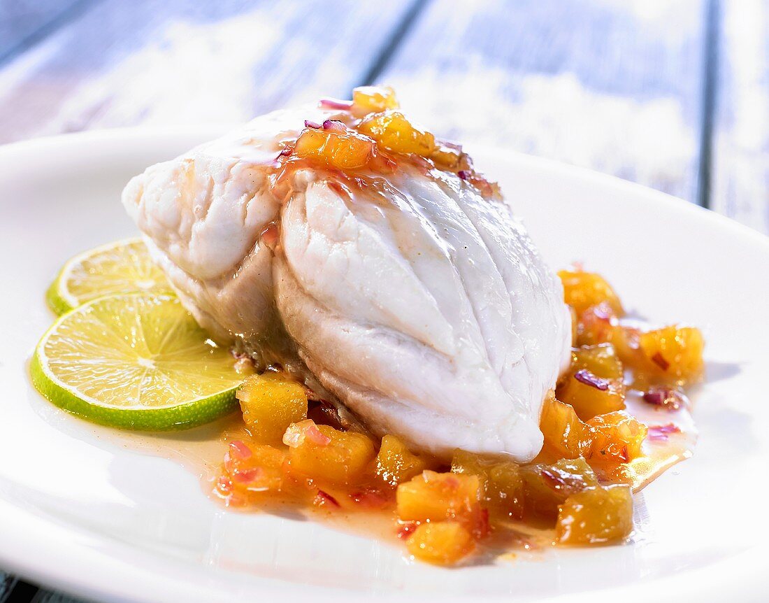 Red snapper with pineapple sauce and slices of lime