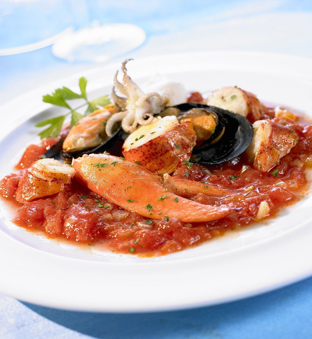 Seafood in spicy tomato and chilli sauce