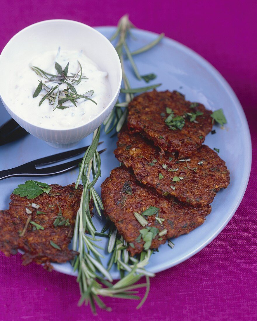 Rice burgers with herbs and fresh goat's cheese dip