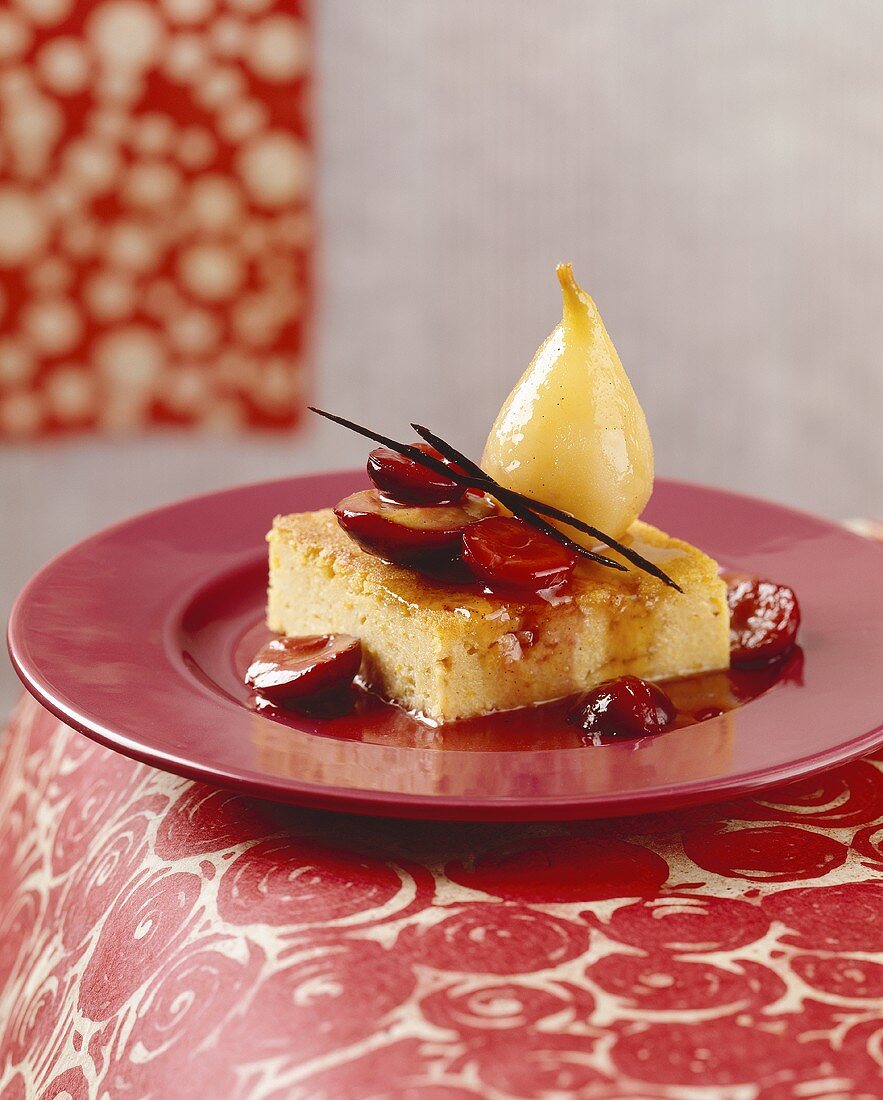 Bee sting cake with poached pear and fruit compote