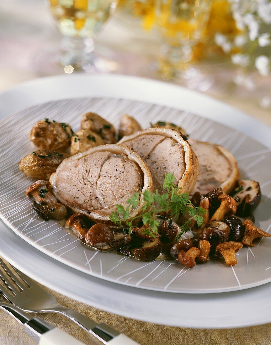 Roast veal with mixed mushrooms