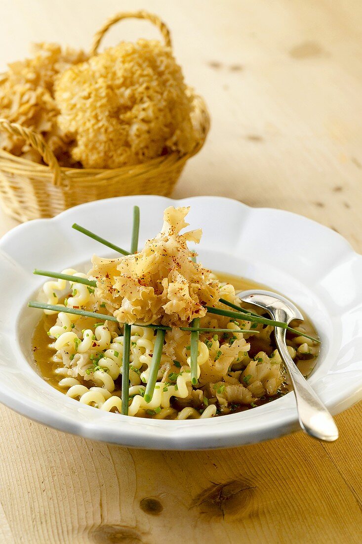 Krause Glucke im Gemüsesuppe mit Fusilli