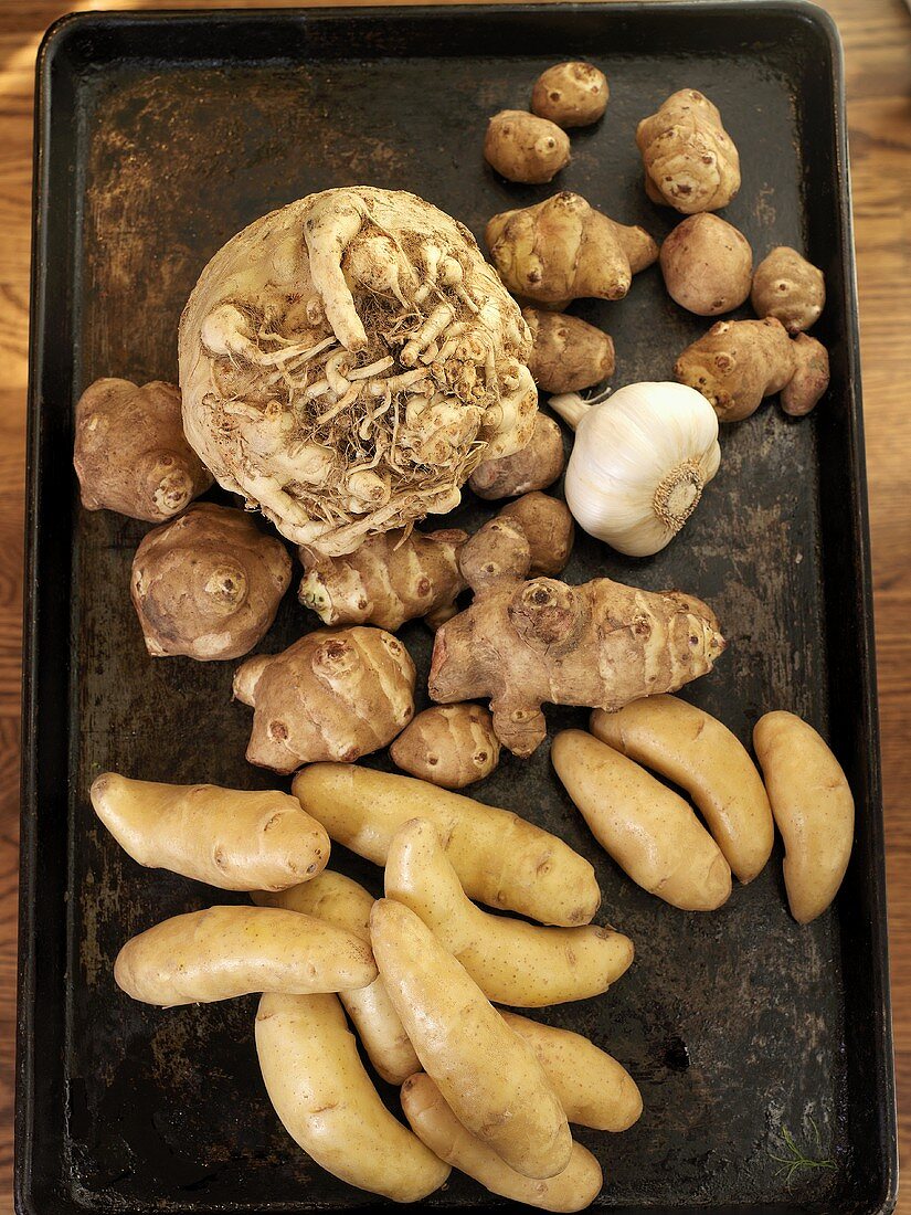 Kartoffeln, Ingwerwurzel, Sellerieknolle und Knoblauch