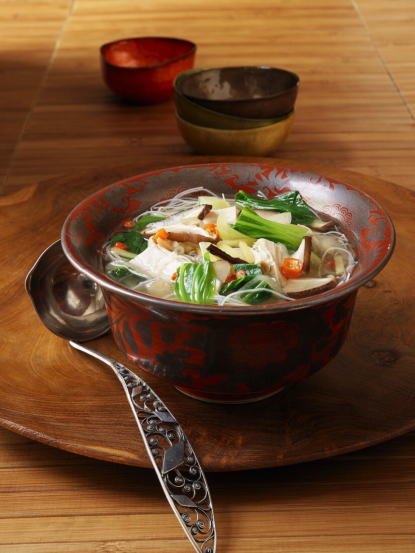 Thailändische Suppe mit Glasnudeln, Putenfleisch und Pak Choi