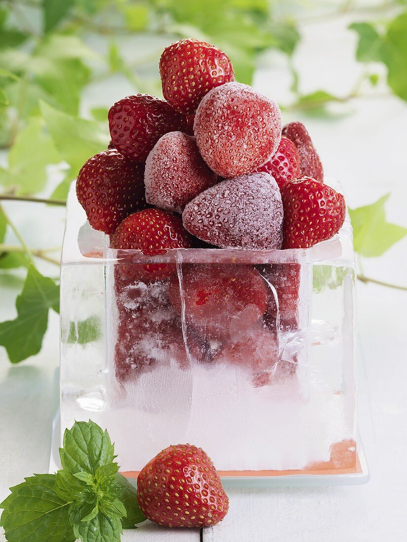Frozen strawberries in an ice bowl