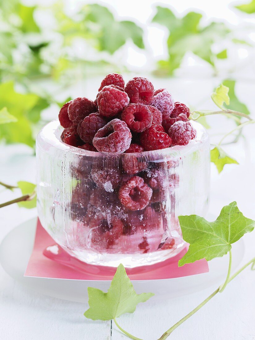 Frozen raspberries in an ice bowl