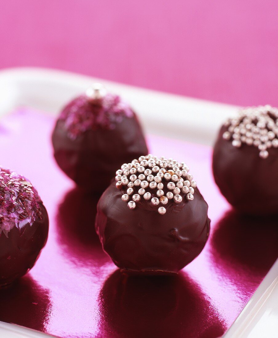 Chocolate truffles with silver dragees