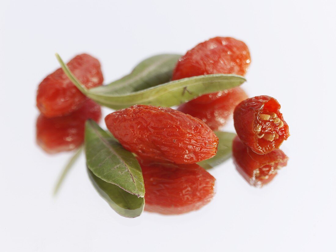 Dried goji berries with leaves