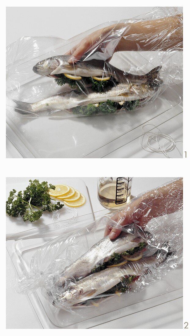 Cooking trout with herb stuffing in a roasting bag
