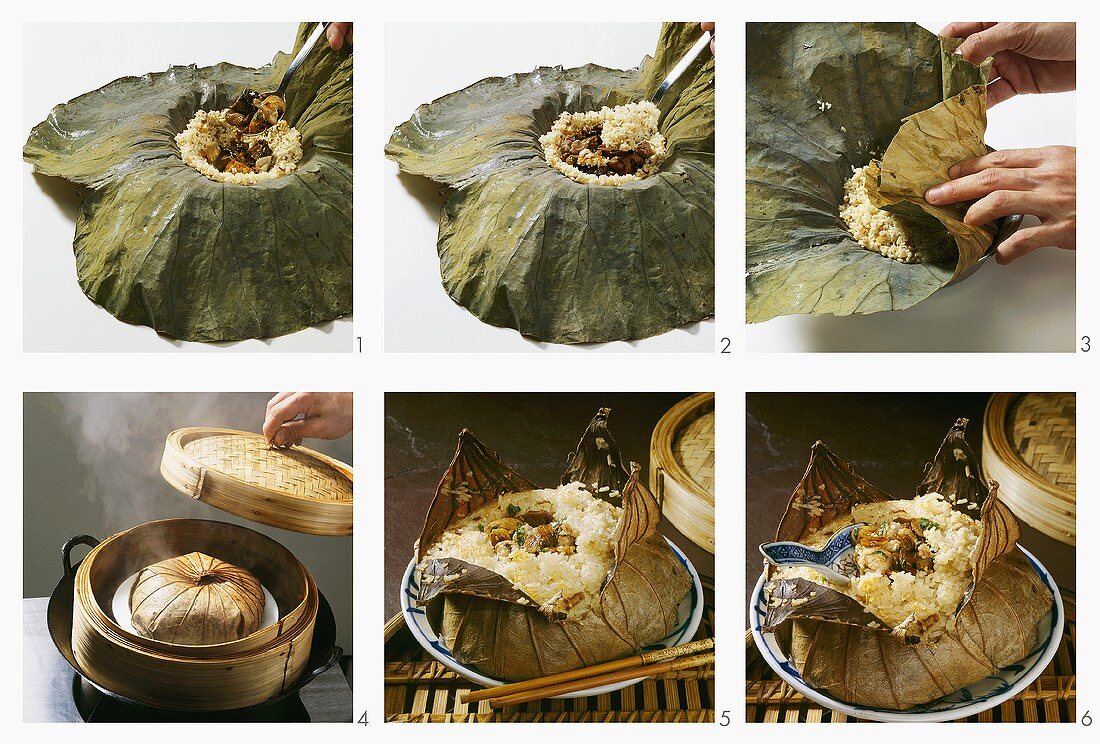 Reisknödel mit Hühnerfüllung im Lotusblatt zubereiten