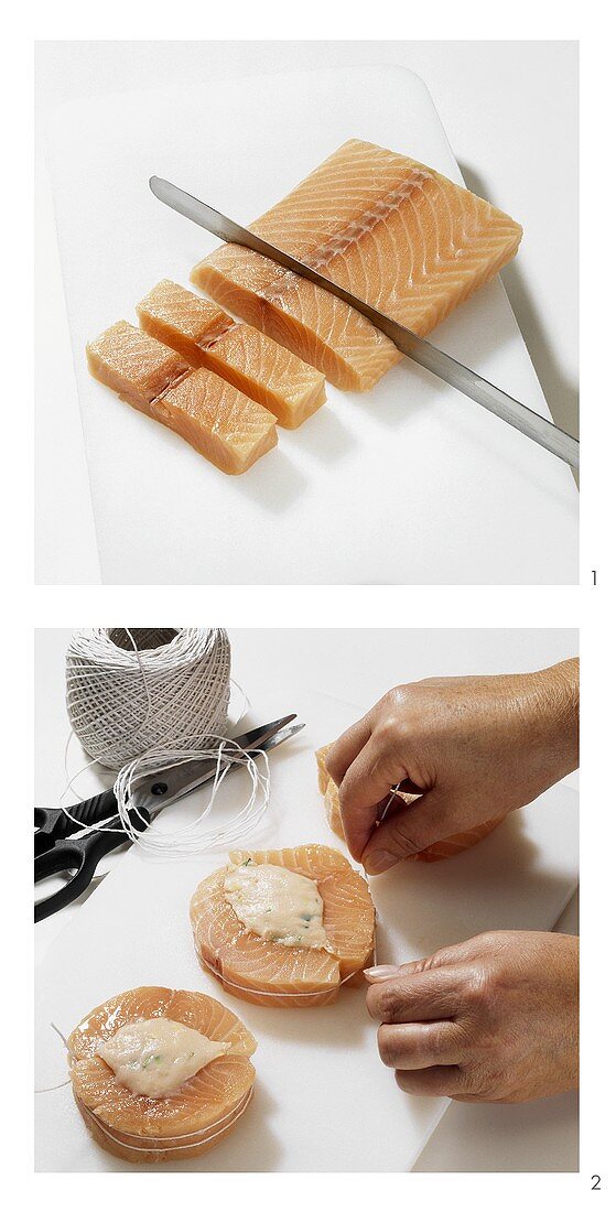 Slicing a salmon fillet and tying into rounds