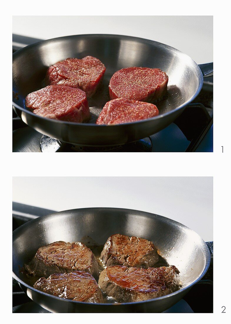 Frying fillet steaks in a frying pan