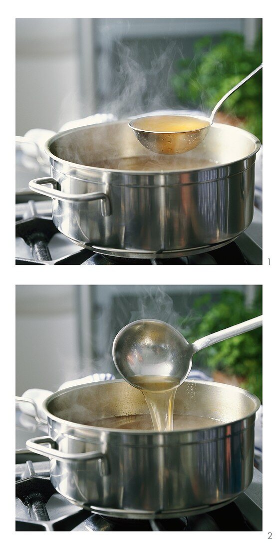 Boiling meat stock with ladle