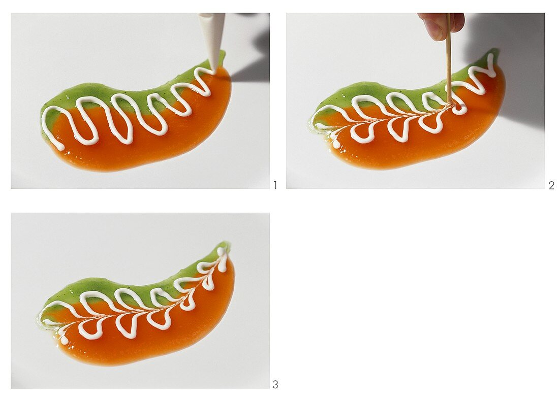 Making a leaf design with fruit sauce