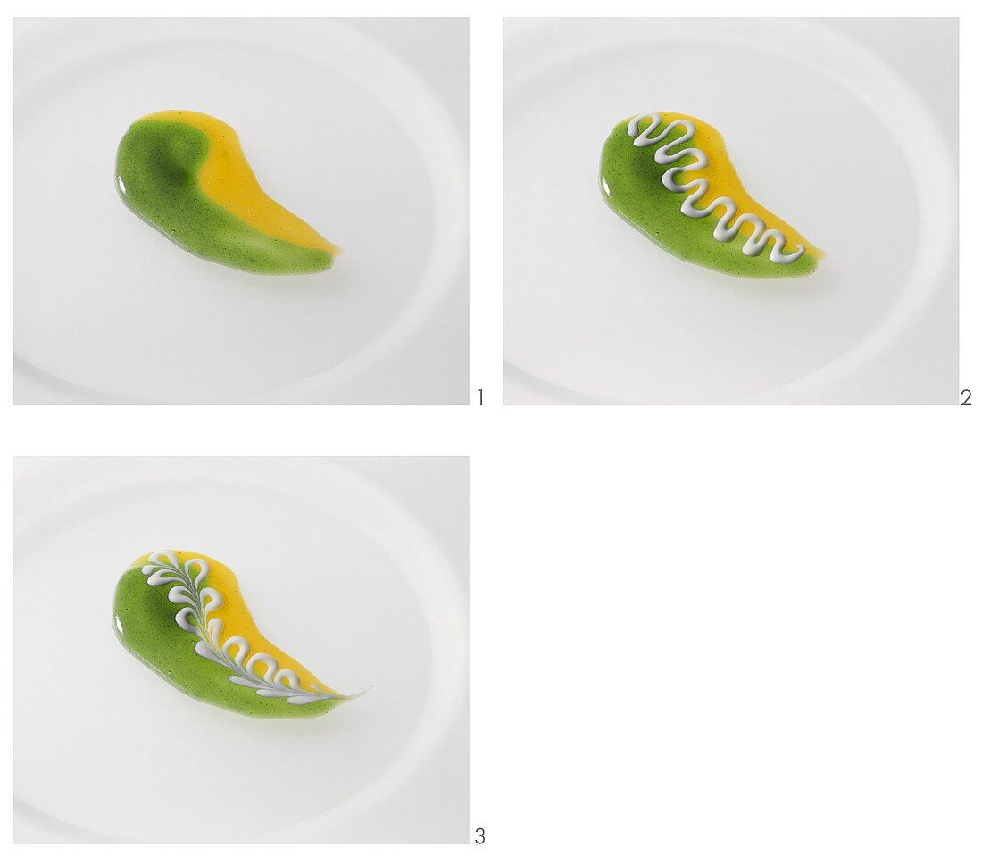 Making a design with two-coloured kiwi fruit sauce