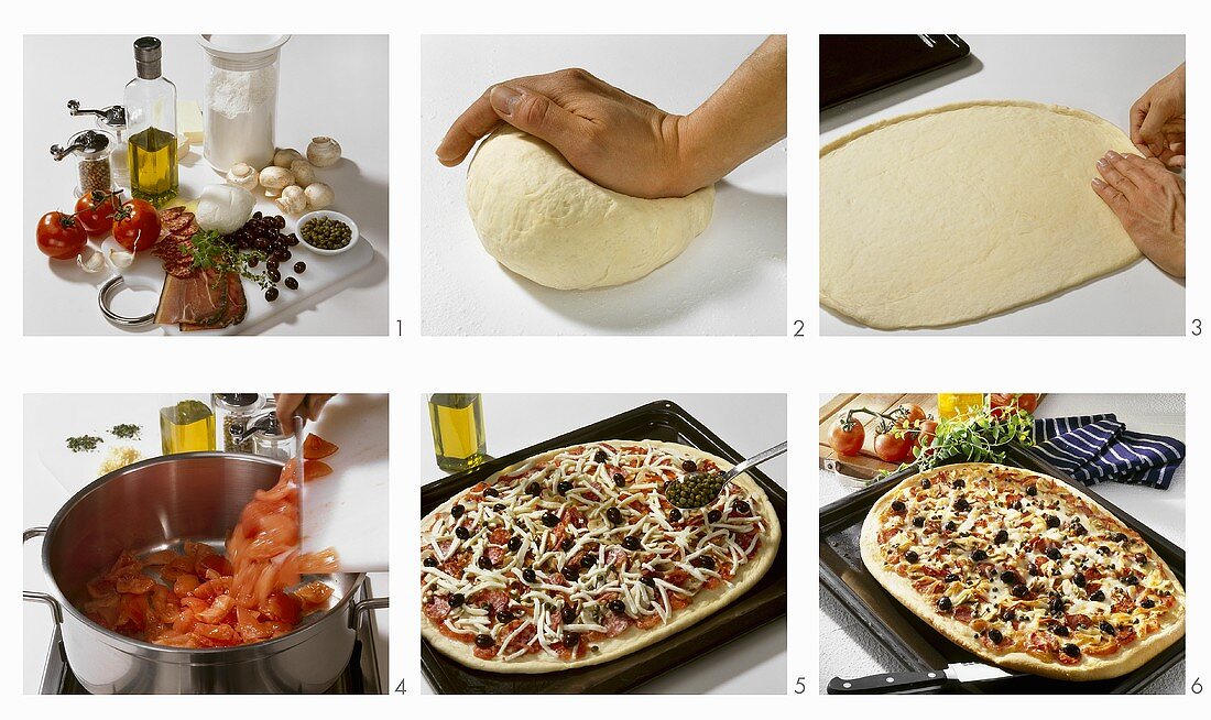 Making pizza with mushroom and caper topping