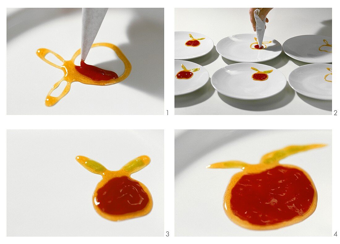 Making an apple with fruit puree (plate decoration)