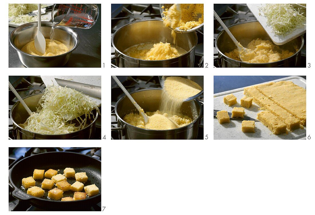 Milho Frito zubereiten (Polentawürfel mit Weisskohl, Madeira)