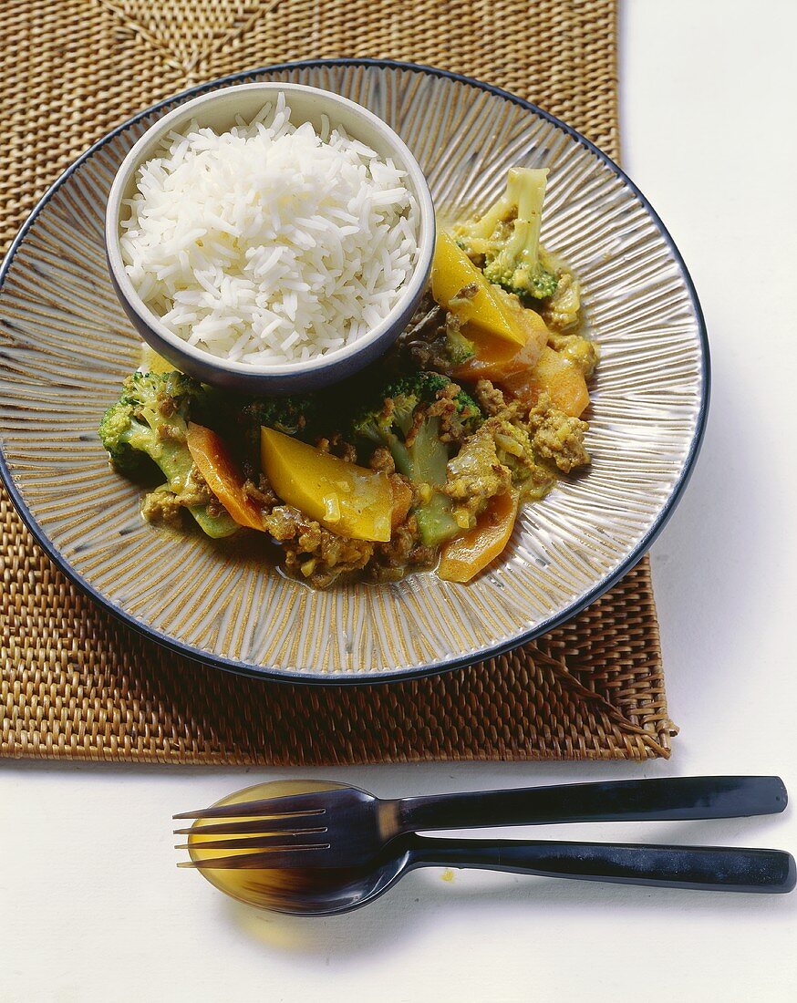 Fruity coconut curry with mince, served with basmati rice