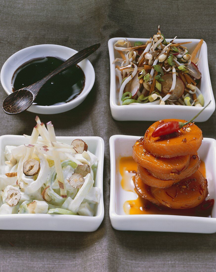 Leek & apple salad, lukewarm pumpkin salad & sprout salad