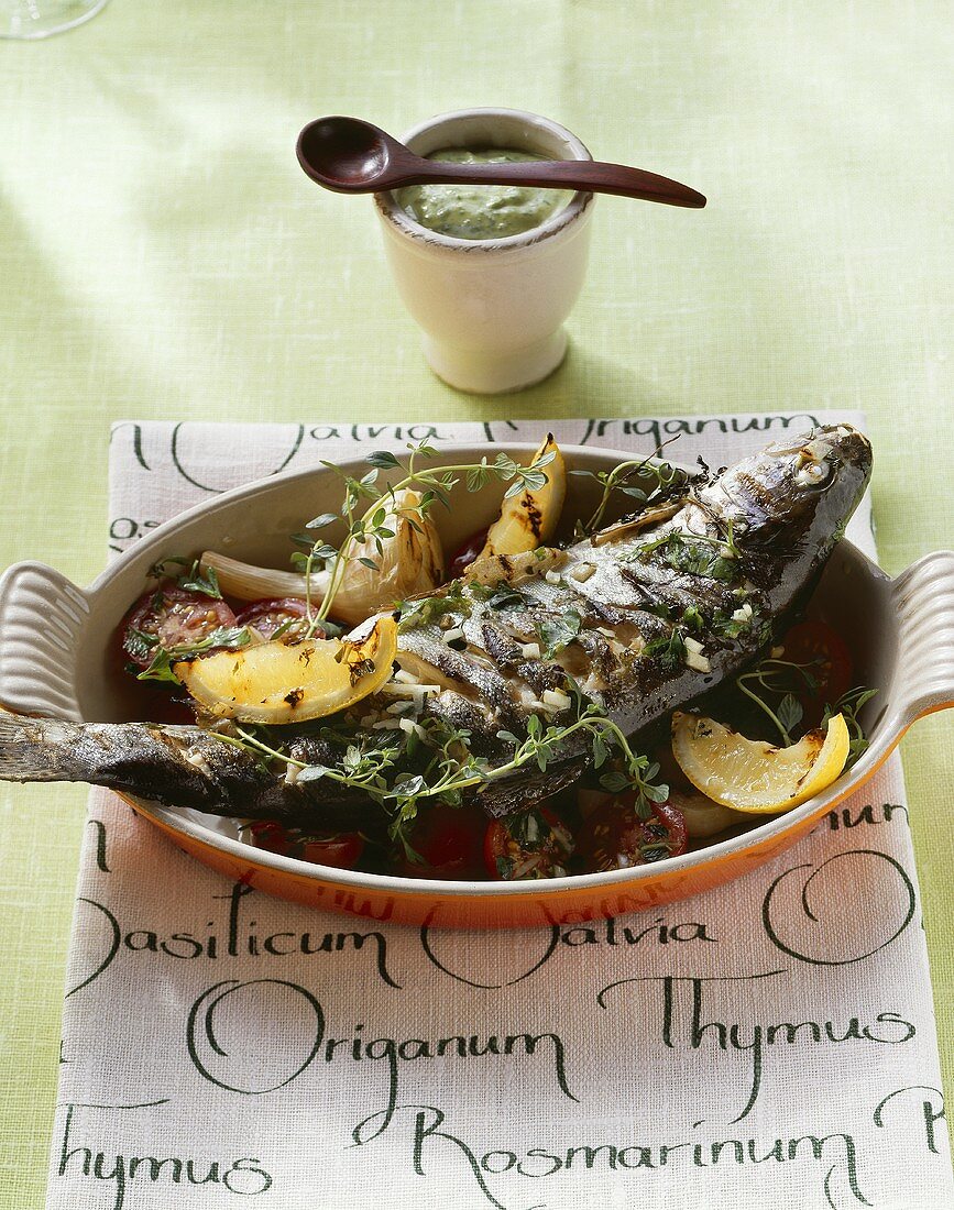 Grilled trout with lemon thyme and parsley dip