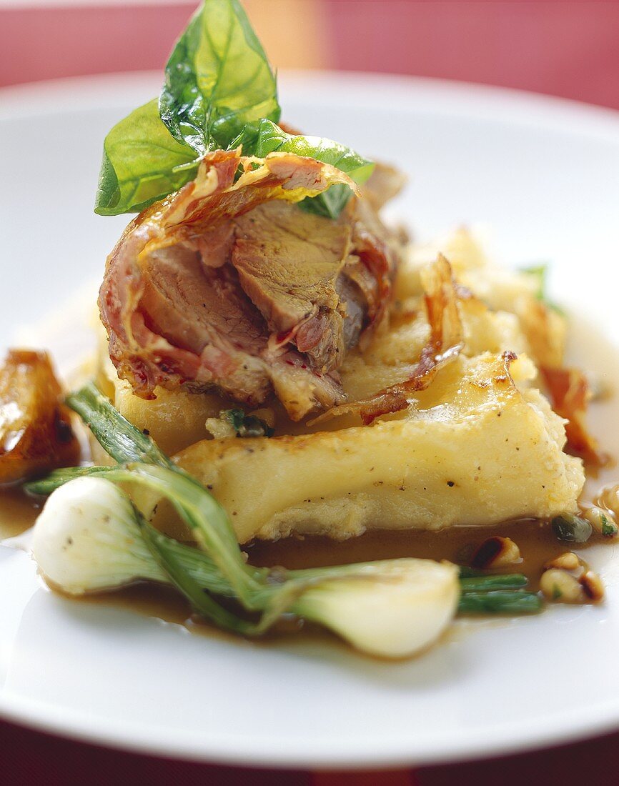 Rolled veal roast with pancetta and celery cannelloni