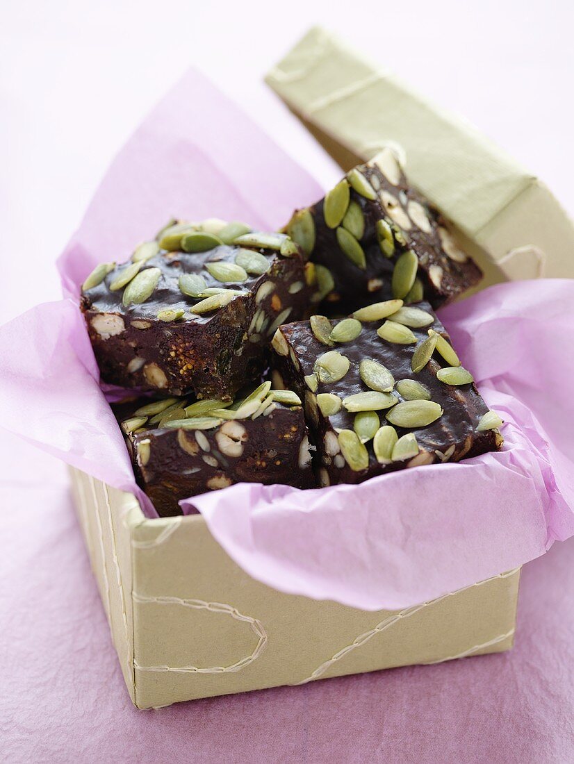 Chocolate slices with dried fruit and nuts