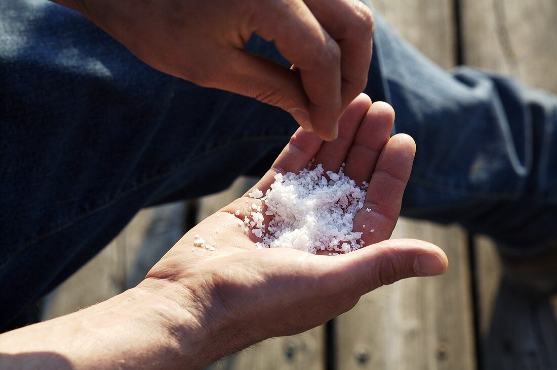 Grobes Meersalz in der Hand