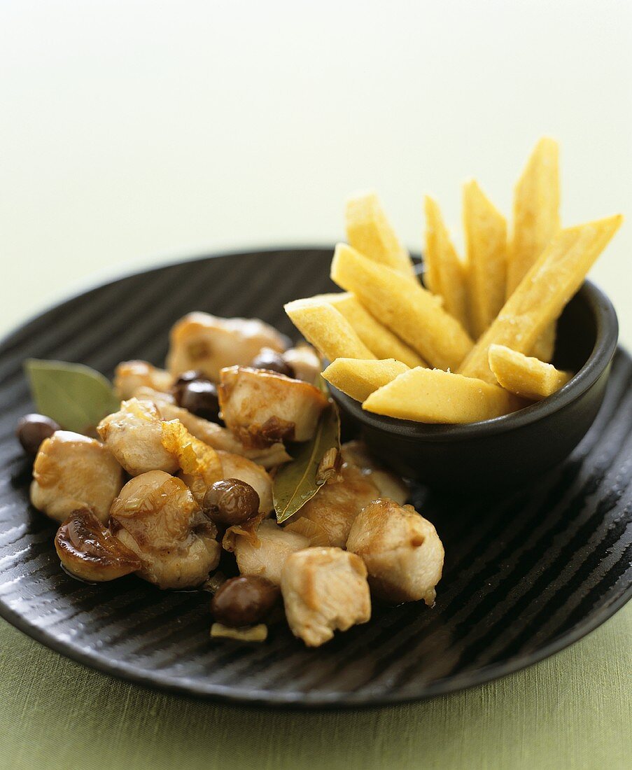 Rabbit ragout with chick-pea chips