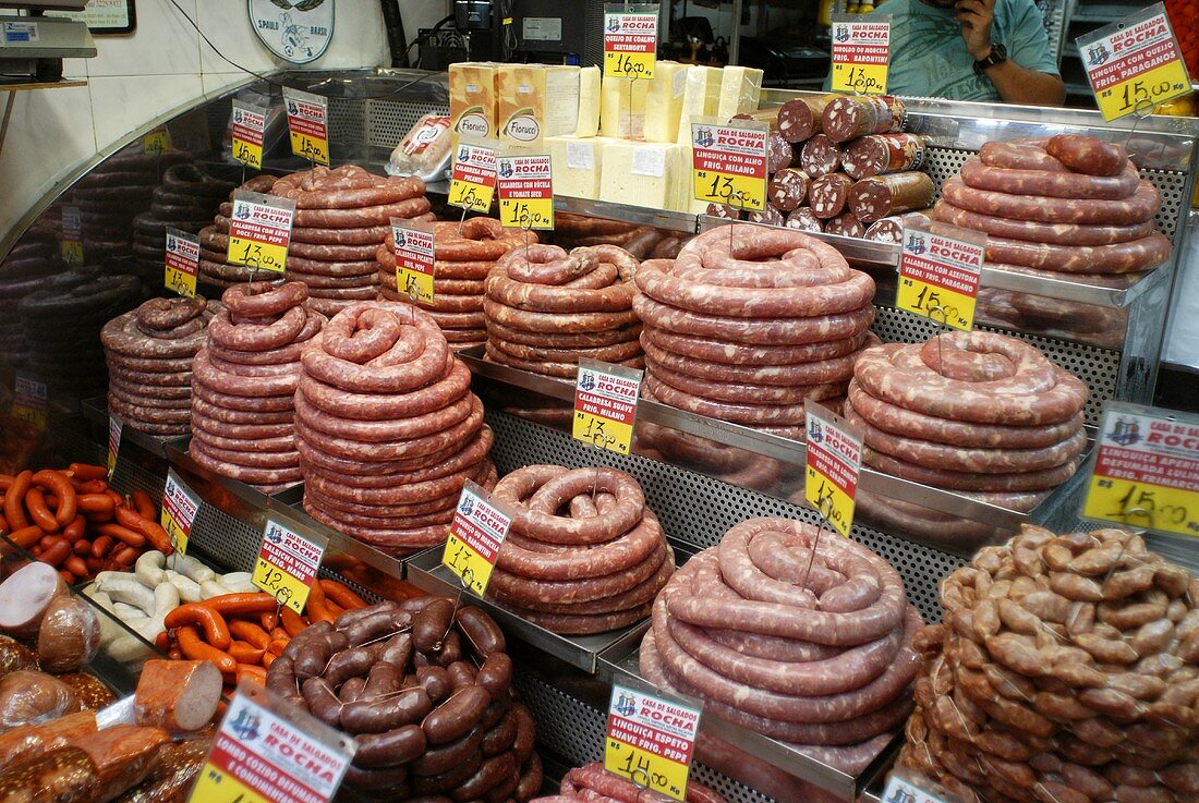 Sausage stall in the covered market, Sao Paolo (Brazil)