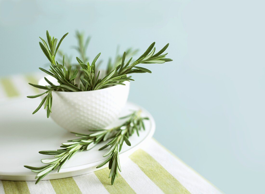Rosemary in small bowl and on plate