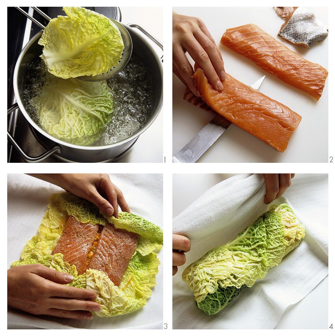 Preparing salmon fillet wrapped in savoy cabbage leaves