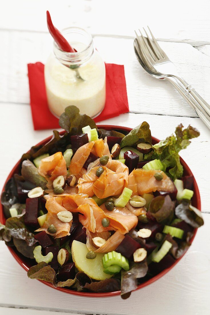 Lettuce with smoked salmon, beetroot and celery