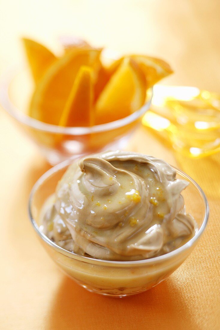 Coffee mousse with white chocolate and orange sauce