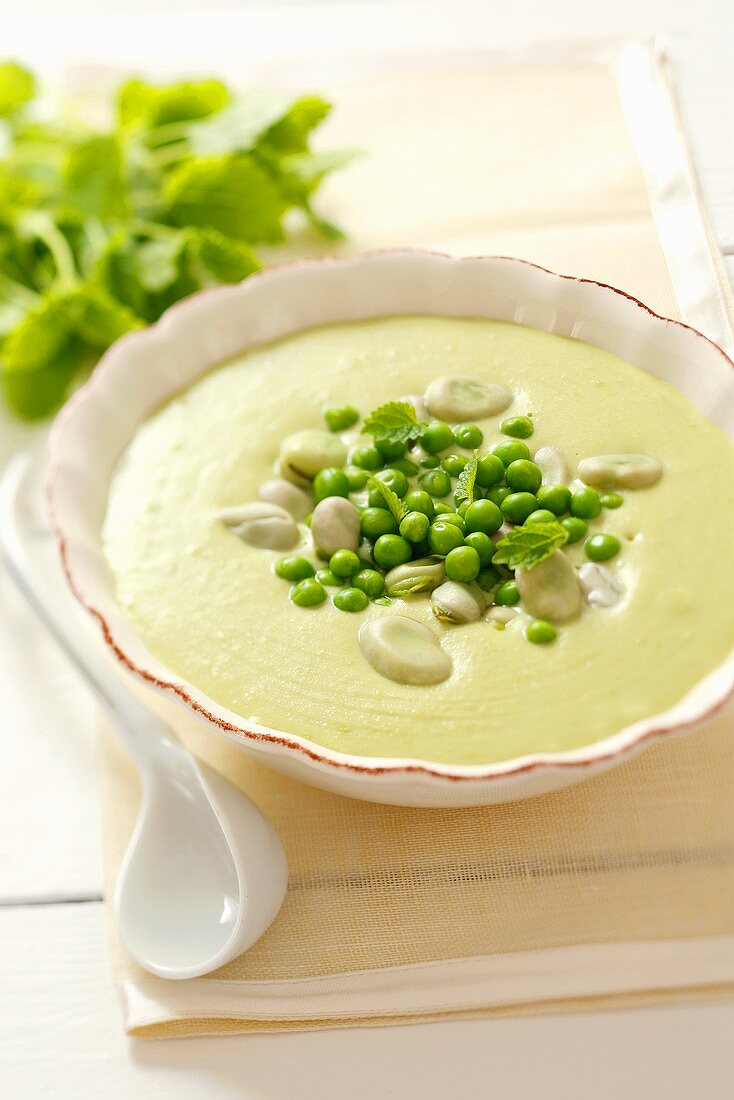 Cream of vegetable soup with peas and broad beans