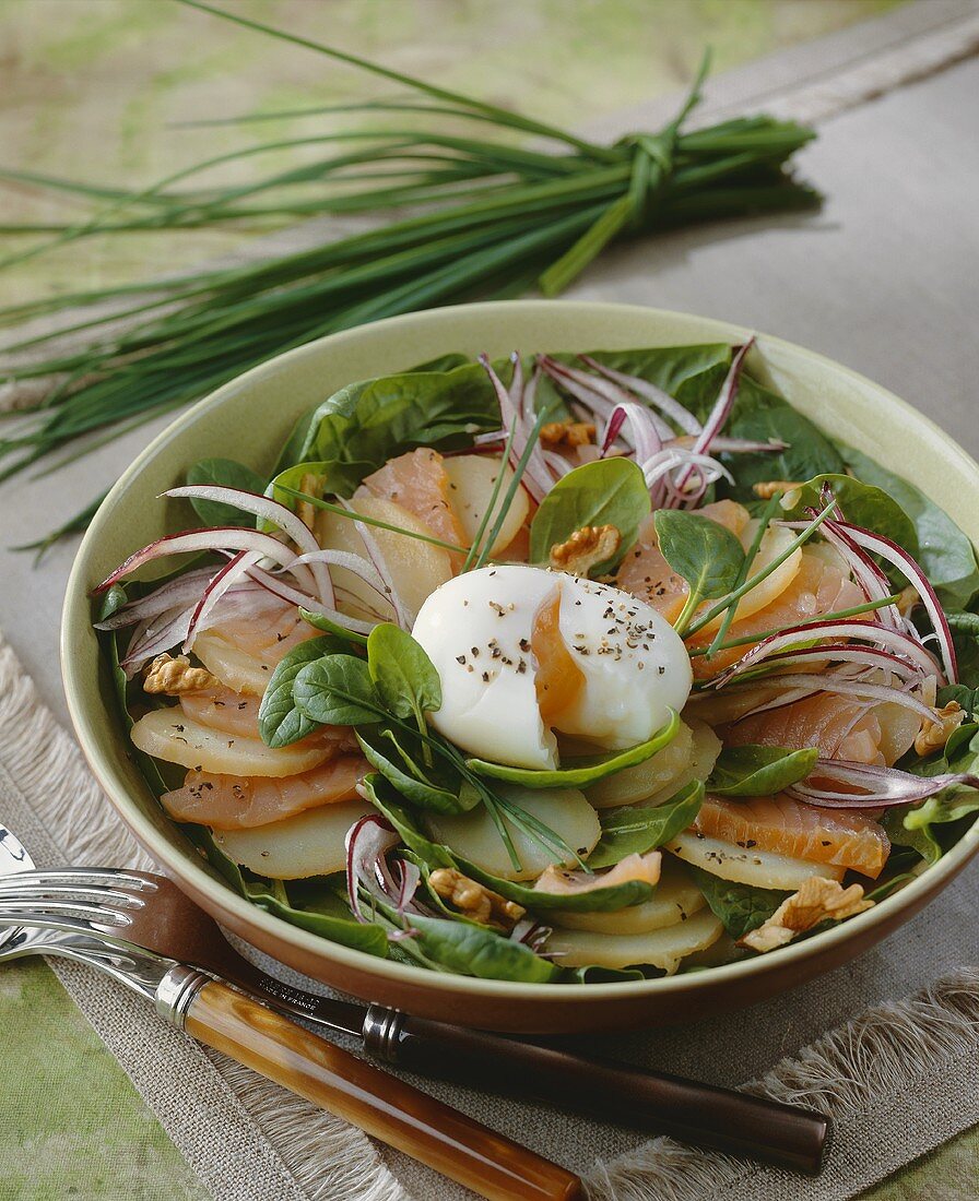 Potato and salmon salad with egg