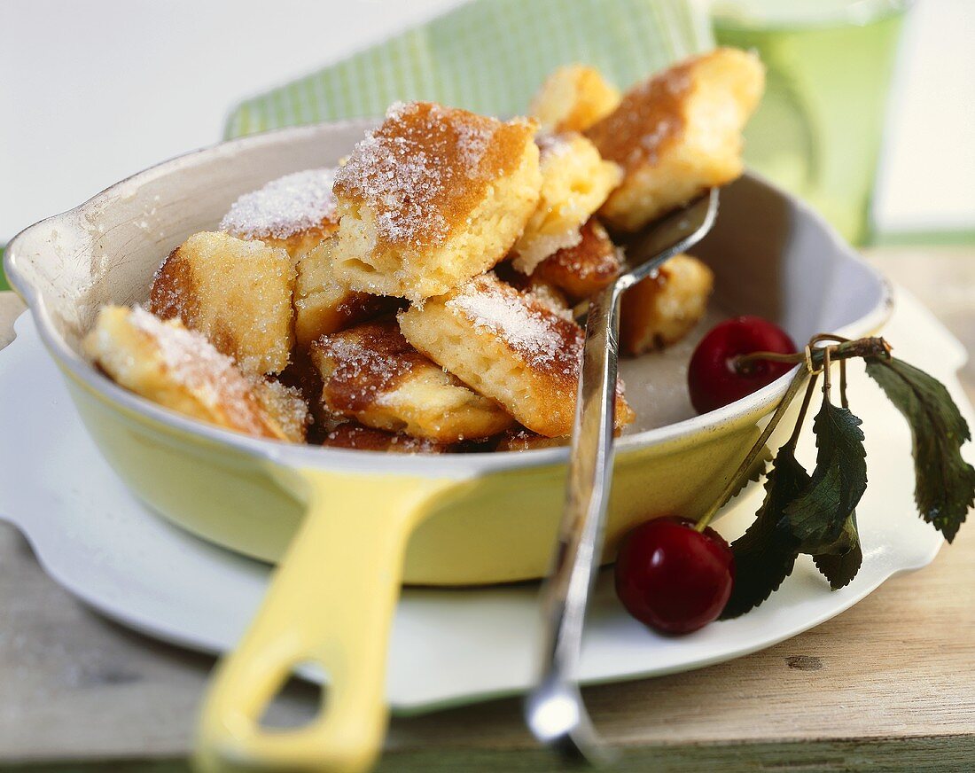 Kaiserschmarrn (chopped pancake dessert) with sour cherries