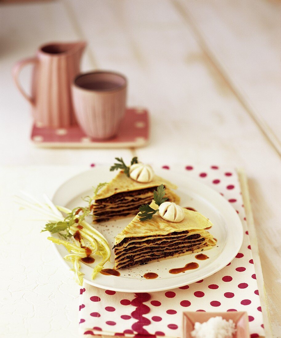 Layered pancakes with mushroom filling
