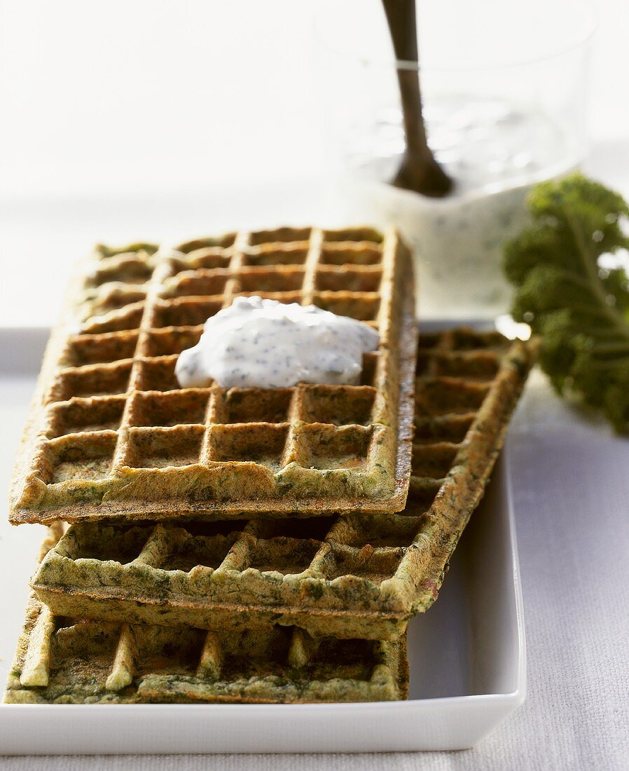 Kale waffles with herb dip
