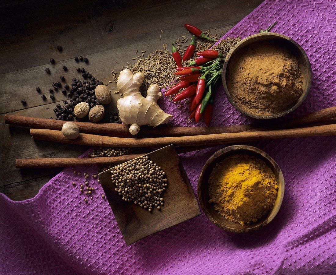 Spice still life (coriander, ginger, turmeric, cinnamon etc.)