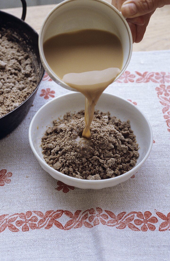 Hadnsterz (buckwheat flour porridge, Austria) with coffee