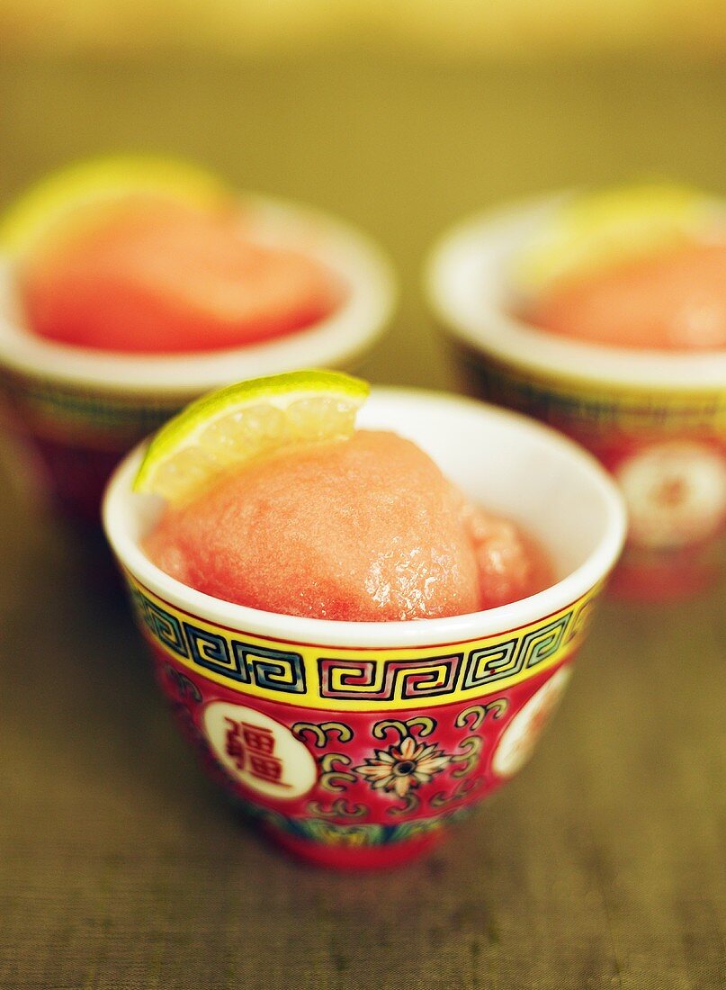 Rhubarb sorbet in Asian bowls