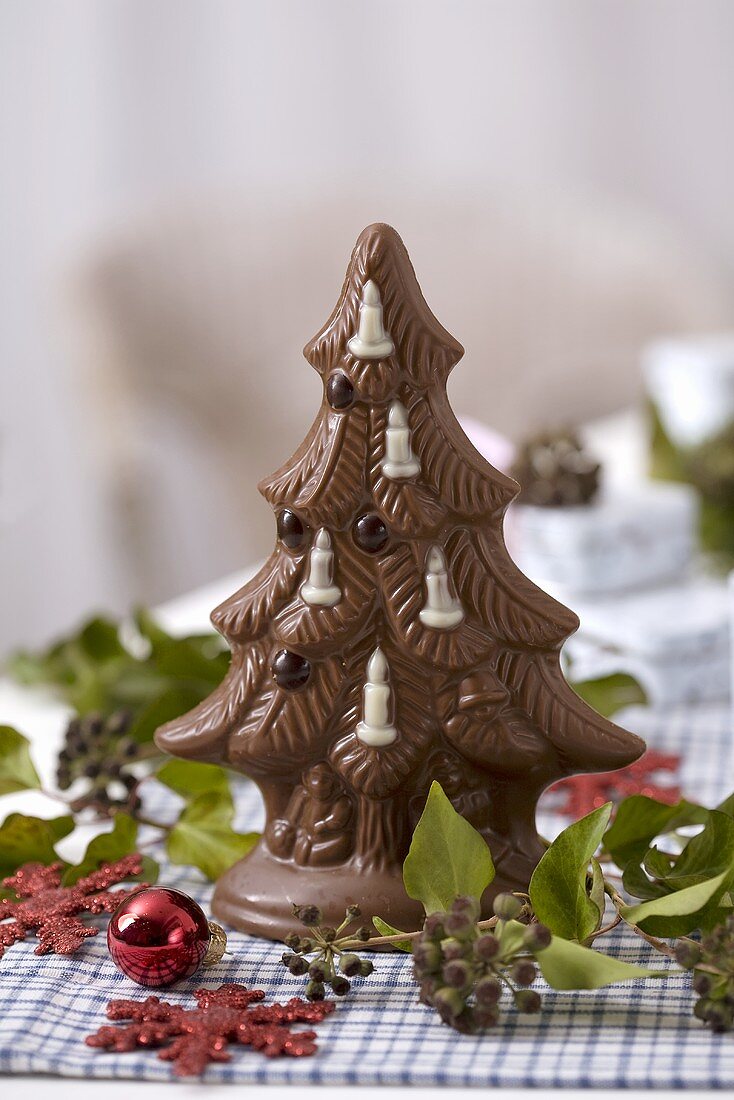 Weihnachtsbaum aus Schokolade zwischen Efeubeeren