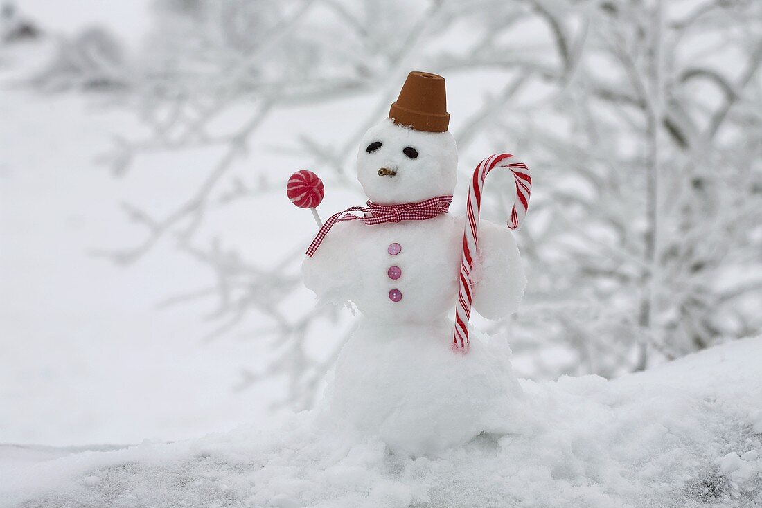 Kleiner Schneemann mit Weihnachtssüssigkeiten