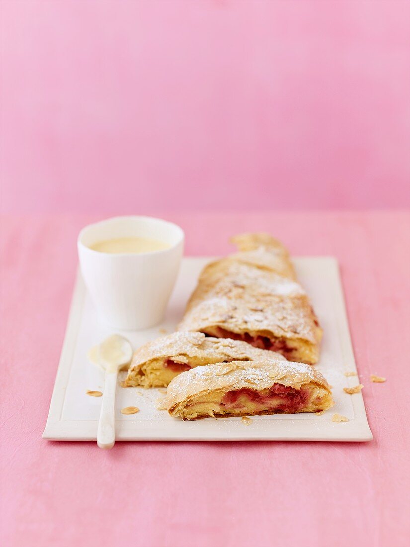 Strawberry strudel with custard