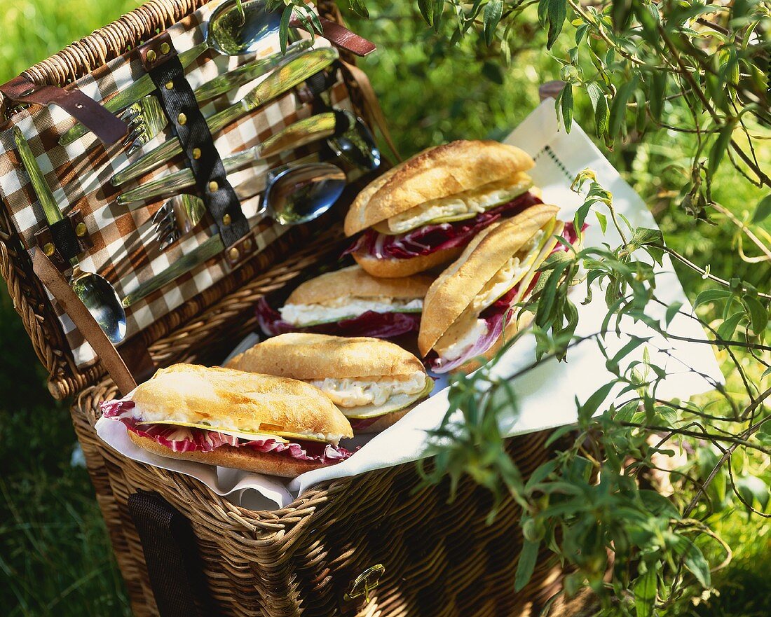 Brie sandwiches in a picnic basket