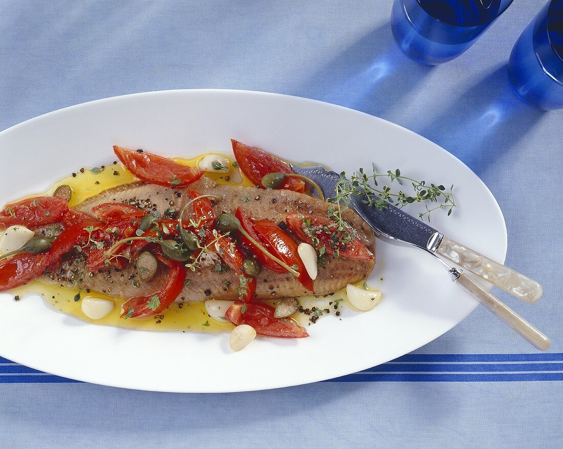 Wels catfish with tomatoes, capers and garlic